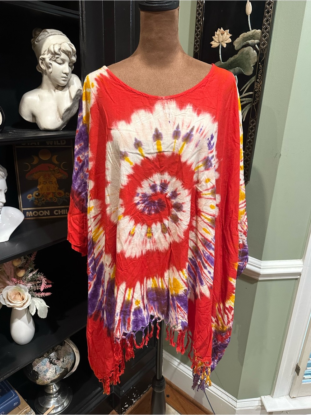 Kathmandu Imports Tie‑Dye Fringe Poncho – One Size